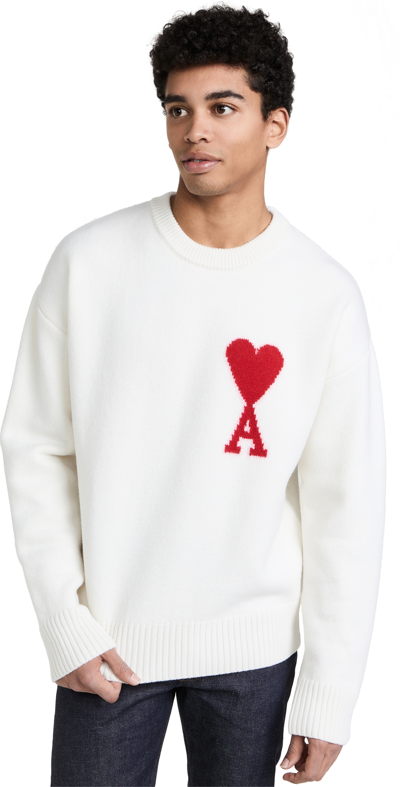 Shop Ami Alexandre Mattiussi Ami De Coeur Crewneck Sweater In White/red