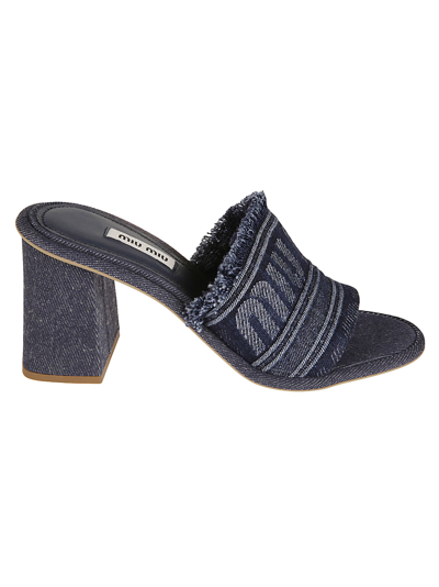 Shop Miu Miu Denim Logo Block Heel Sandals In Bleu