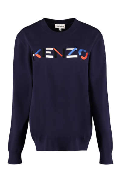 Shop Kenzo Logo Embroidered Cotton Sweater In Blue
