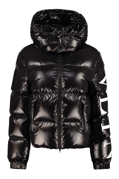 Shop Valentino Hooded Puffer Jacket In Black