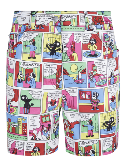 Shop Moschino Comic Print Denim Shorts In Multicolor