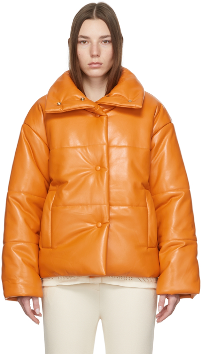 Shop Nanushka Orange Hide Puffer Vegan Leather Jacket