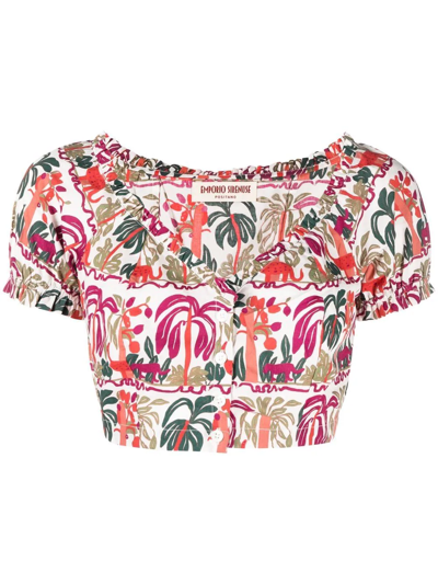 Shop Le Sirenuse Leaf-print Cropped Top In White
