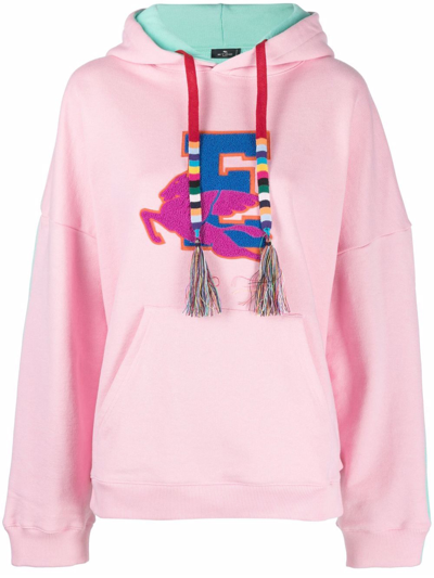 Shop Etro Bicolor Hoodie With Pegaso In Rosa/turchese