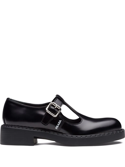 Shop Prada Logo-print Mary-jane Loafers In Black