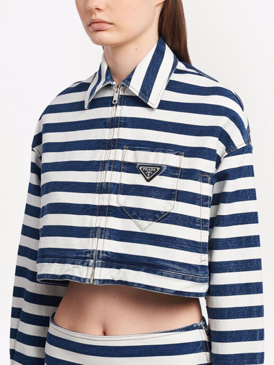 Shop Prada Striped Cropped Denim Jacket In Blue
