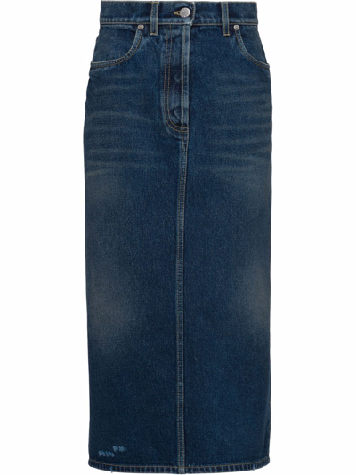 Shop Prada Denim Midi Skirt In Blue