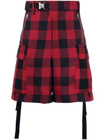 Shop Sacai Check-print Belted Cargo Shorts In Red