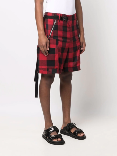 Shop Sacai Check-print Belted Cargo Shorts In Red