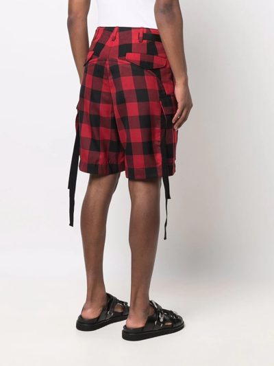 Shop Sacai Check-print Belted Cargo Shorts In Red