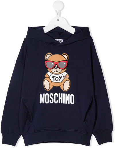 Shop Moschino Teddy Bear Cotton Hoodie In Blue
