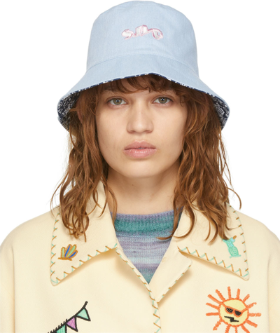 Sjyp Reversible Blue Paisley Denim Bucket Hat In Light Blue