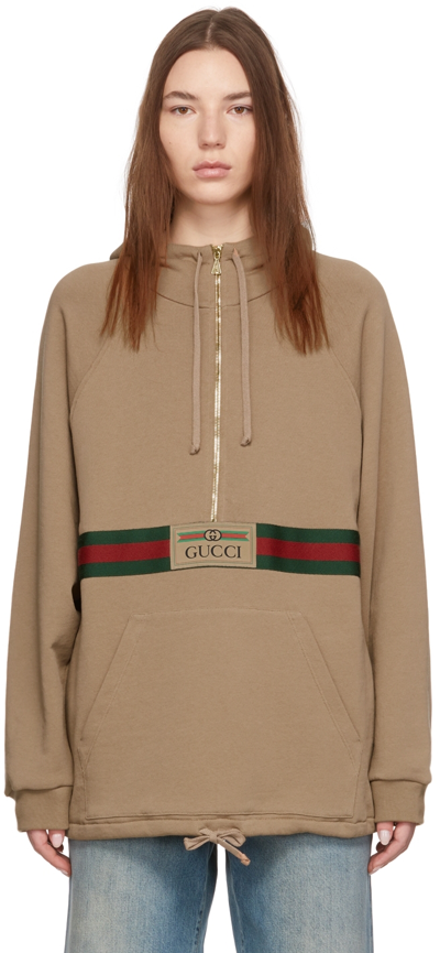 Shop Gucci Beige Logo Web Half-zip Hoodie In 2603 Vintage Camel