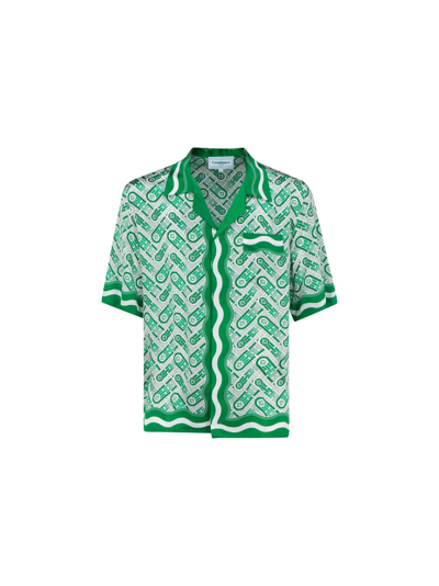 Shop Casablanca Cuban Collar Shirt In Green Ping Pong Monogram