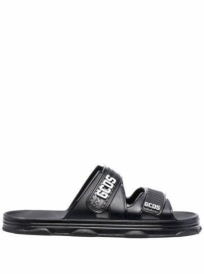 Shop Gcds Womans Black Rubber Slide Sandals With Logo