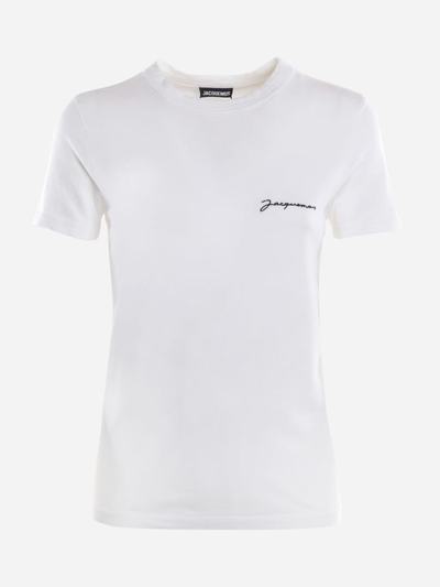 Shop Jacquemus Cotton T-shirt With Contrasting Logo Print In White