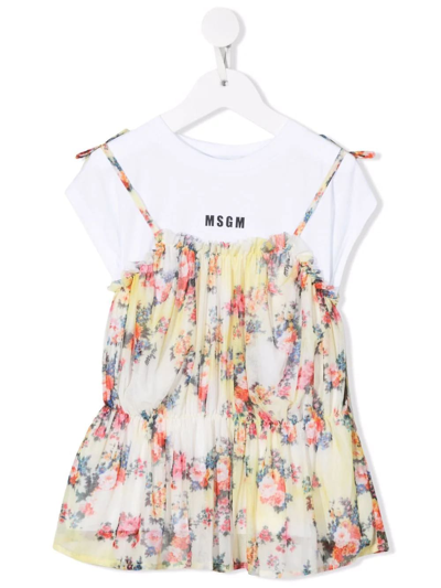 Shop Msgm Kids Yellow Floral Dress With White T-shirt In Lime