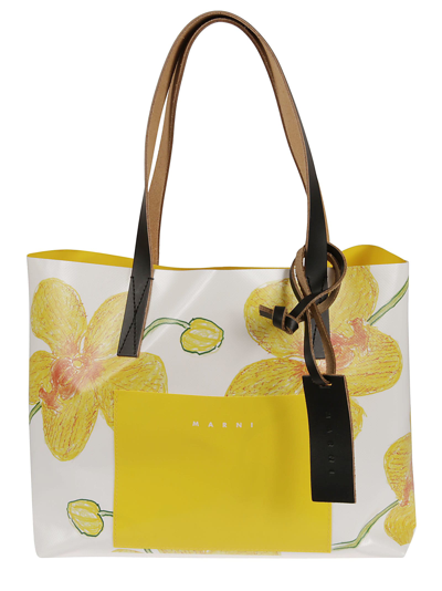 Shop Marni Floral Print Pocket Shopper Bag In Maize/acid/black