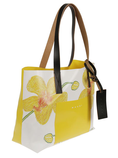 Shop Marni Floral Print Pocket Shopper Bag In Maize/acid/black