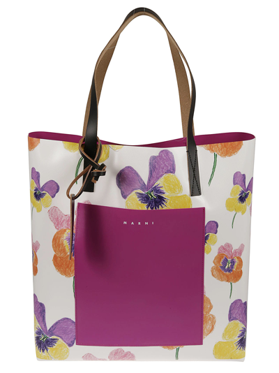 Shop Marni Floral Print Pocket Shopper Bag In Carrot/classic Black