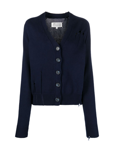 Shop Maison Margiela Distressed-finish V-neck Cardigan In Blue