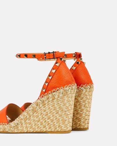 Shop Valentino Rockstud Double Leather Wedge Espadrille Sandals In Brown