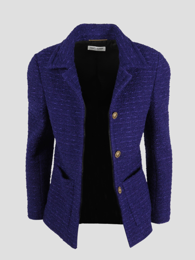 Shop Saint Laurent Open Tweed Jacket In Blue