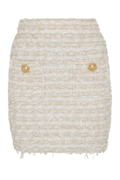 Shop Balmain Lurex Tweed Mini-skirt In White