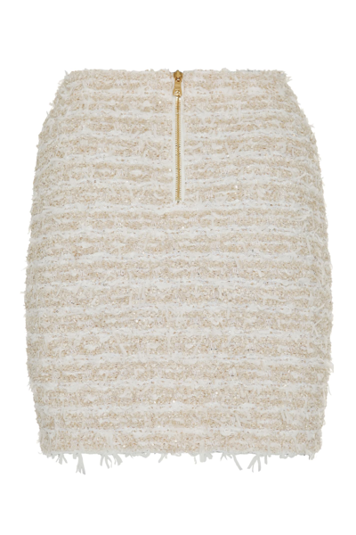 Shop Balmain Lurex Tweed Mini-skirt In White