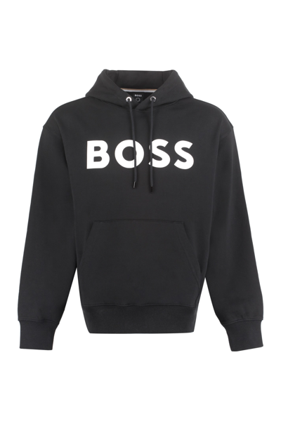 Shop Hugo Boss Logo Cotton Hoodie In Black