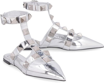 Shop Valentino Garavani - Roman Stud Metallic Leather Ballet Flats In Silver