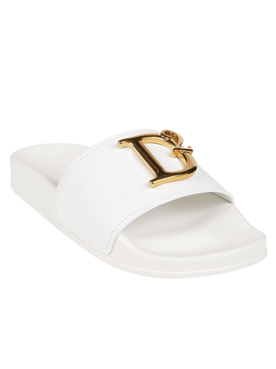 Dsquared2 10mm D2 Statement Leather Slides In Bianco/oro Vintage