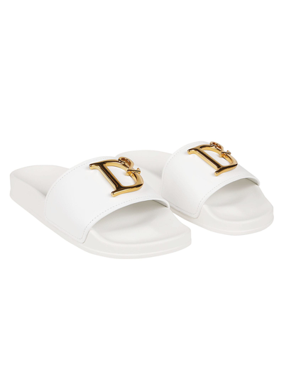 Dsquared2 10mm D2 Statement Leather Slides In Bianco/oro Vintage
