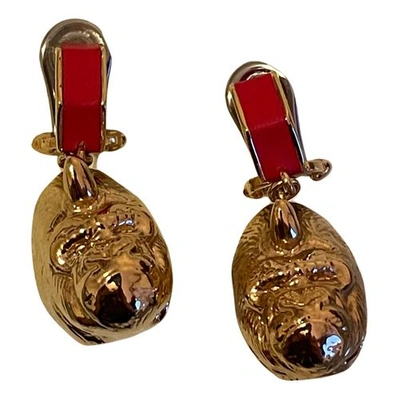 Shop Burberry Bright Red Light Gold Leather And Gold-plated Nut And Gorilla Earrings In Bright Red/l Gold