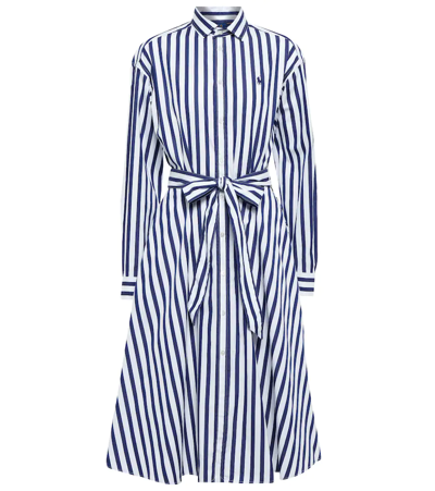 Shop Polo Ralph Lauren Logo Striped Cotton Midi Dress In Navy White
