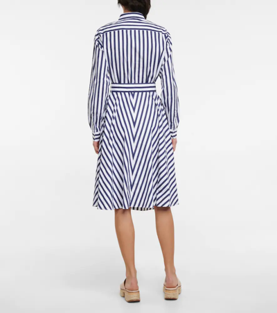 Shop Polo Ralph Lauren Logo Striped Cotton Midi Dress In Navy White