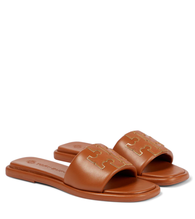 Shop Tory Burch Double T Sport Leather Sandals In Miele/gold