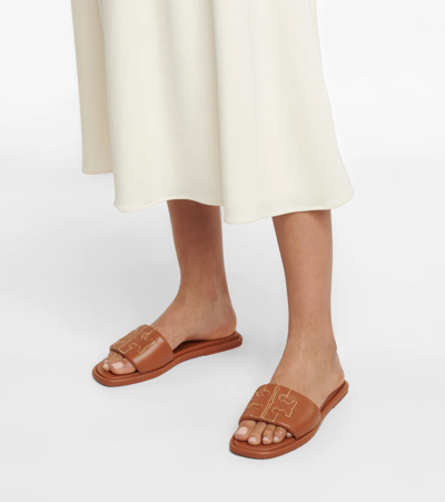 Shop Tory Burch Double T Sport Leather Sandals In Miele/gold