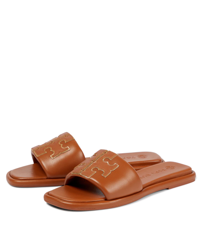 Shop Tory Burch Double T Sport Leather Sandals In Miele/gold