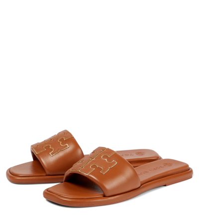 Tory Burch Double T Sport Leather Sandals In Miele/gold