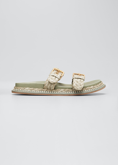 Shop Ulla Johnson Kiera Raffia Dual-buckle Slide Sandals In Malachite Green