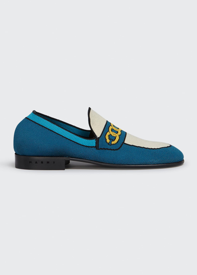 Shop Marni Printed Knit Chain Moccasin Loafers In Petroleumsilk