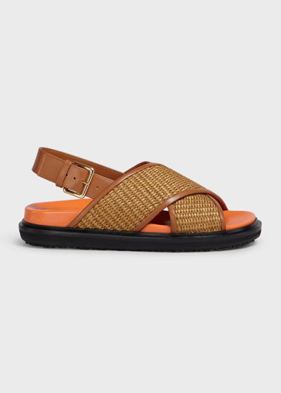 Shop Marni Fussbett Raffia Crisscross Slingback Sandals In Raw Sienadust Apr
