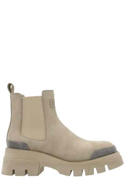 Shop Brunello Cucinelli Logo Patch Ankle Boots In Beige
