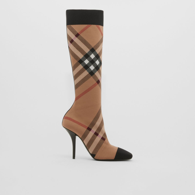 Shop Burberry Knitted Check Sock Boots In Birch Brown