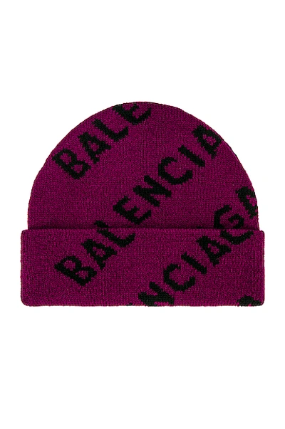 Shop Balenciaga All Over Logo Beanie In Purple & Black