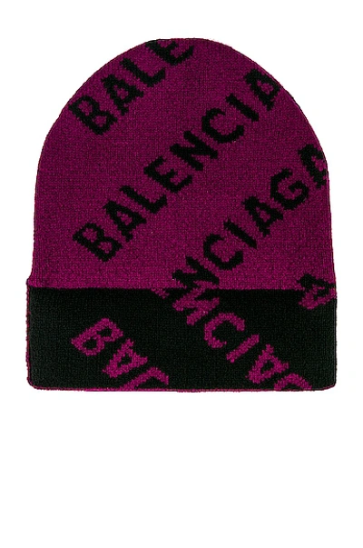 Shop Balenciaga All Over Logo Beanie In Purple & Black