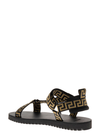 Shop Versace Nylon Sandals With Greek Print In Black