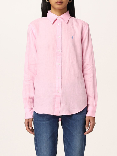Shop Polo Ralph Lauren Linen Shirt In 粉色