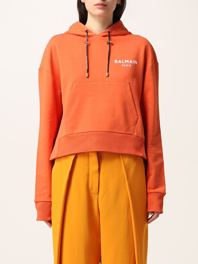 Shop Balmain Cotton Sweatshirt With Logo In Orange